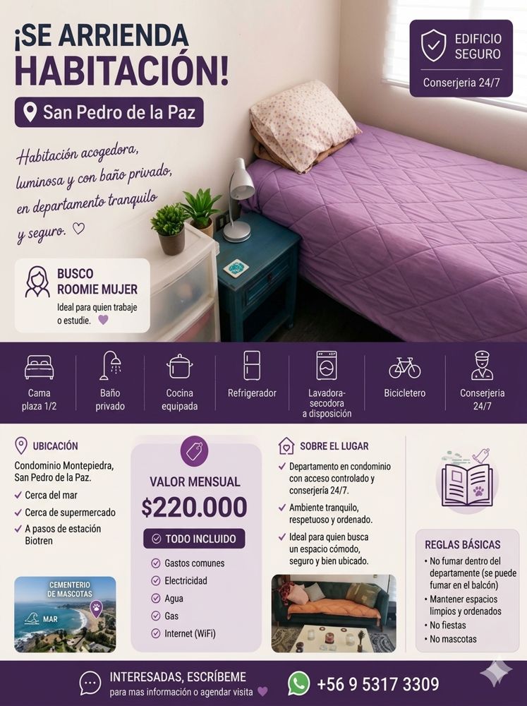 Arriendo habitación con baño privado en San pedro de la paz