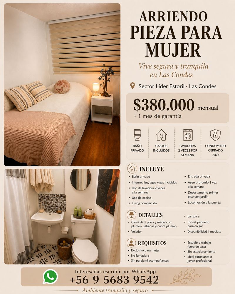 Habitación con baño privado para mujer en las condes – $380.000. en Las condes
